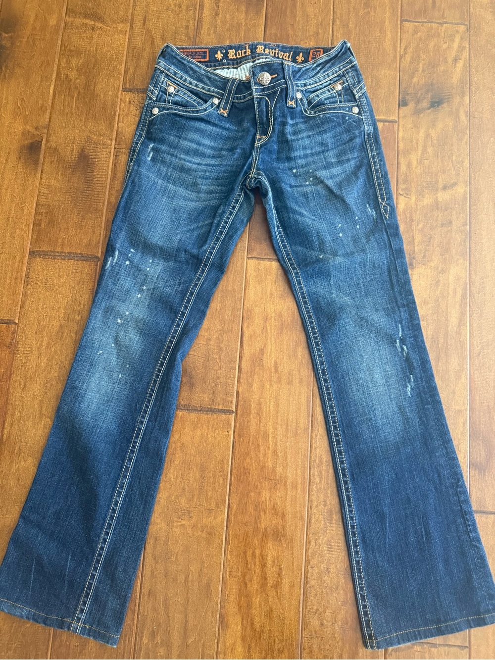 Rock Revival Women's Dark Blue Flare Jeans with Paint-Splatter Detail